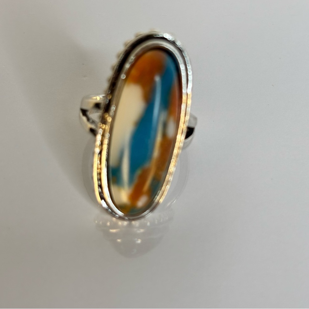 Silver Multicolor Oval Stone Ring - Size 7
